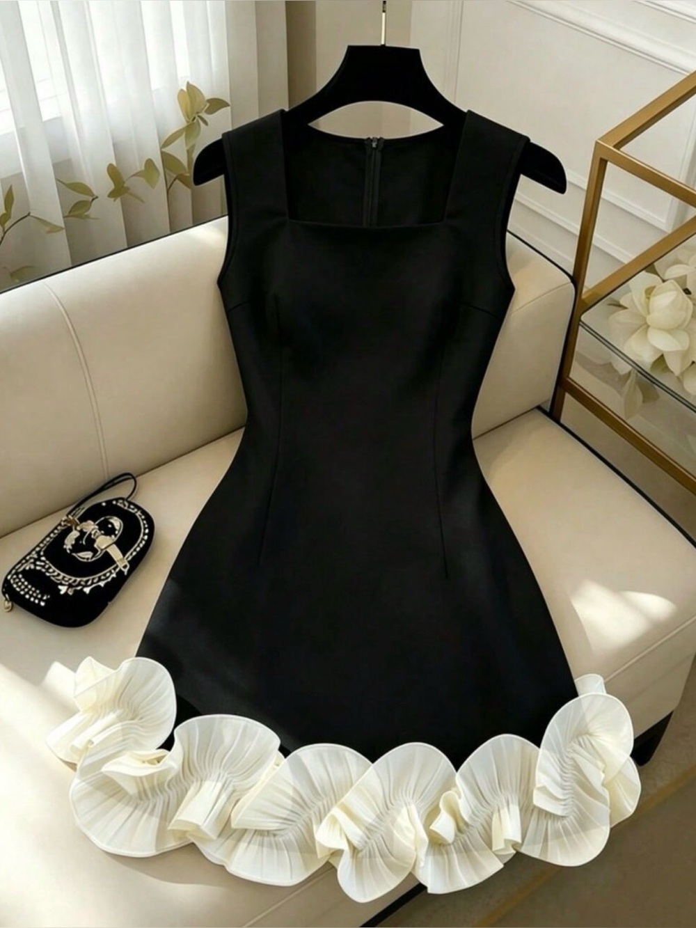 Black Elegant Women's Colorblock Ruffle Sleeveless Dress